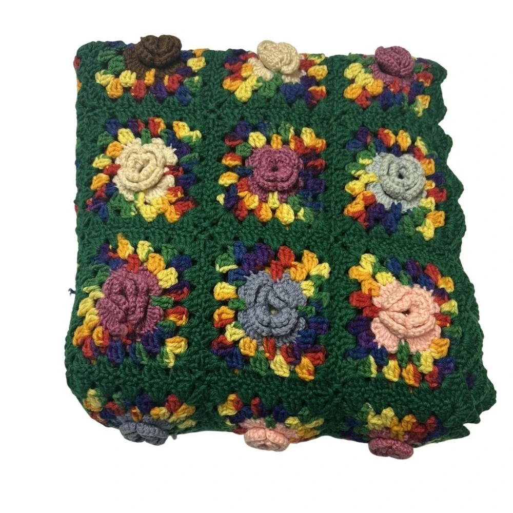 Handmade Granny Square Throw Floral 3D Knit Green Colorful Sofa Blanket Afgan